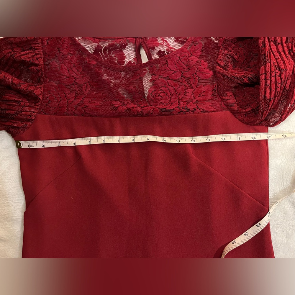 White House Black Market burgundy dress w/ pleated lace sleeves & neckline. S - Picture 11 of 14